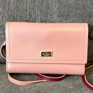 kate spade blush pink leather crossbody bag with gold plaque